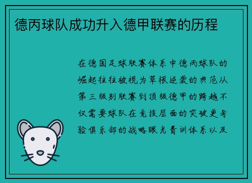 德丙球队成功升入德甲联赛的历程